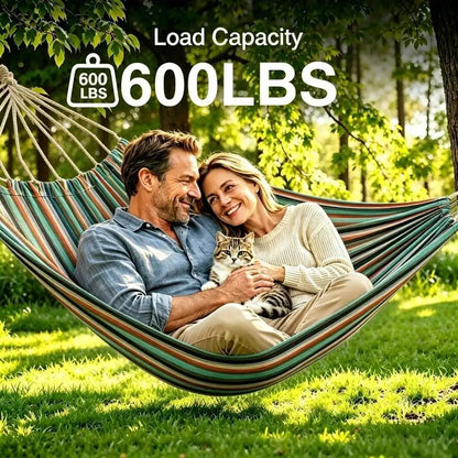 Camping 2-Person Hammock 600LBS, Portable Steel Stand Set For Outdoor Lawn Terrace, Blue & Black Stripe