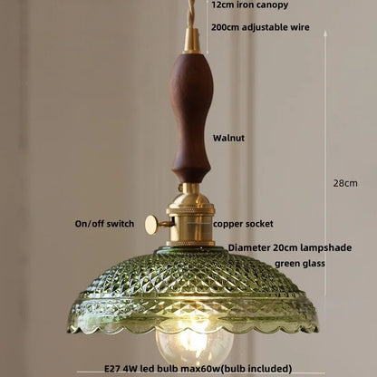 IWHD Home Decor LED Pendant Lights Kitchen Restaurant Copper Socket Flower Green Glass  Nordic Modern Walnut Wood Hanging Lamp