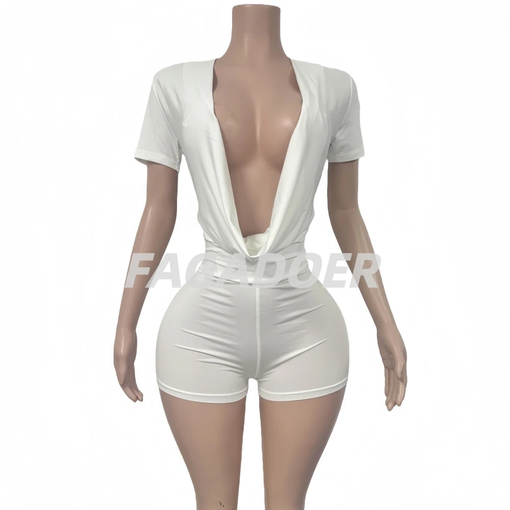 FAGADOER Sexy Solid Color Bodycon Jumpsuits for Woman Deep V-neck Short Sleeve One Piece Rompers Female Streetwear Overalls New