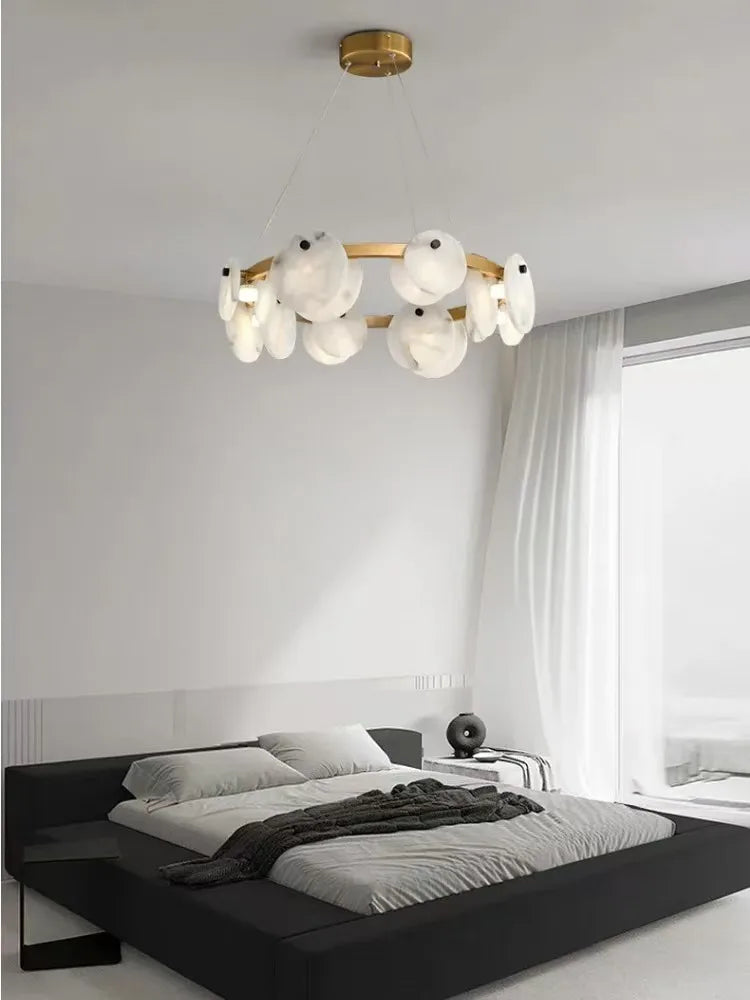 2026 Natural Marble Pieces LED Chandelier Lustre Alabaster Pendant Light Suspension Luminaire Lampen For Foyer Dinning Room