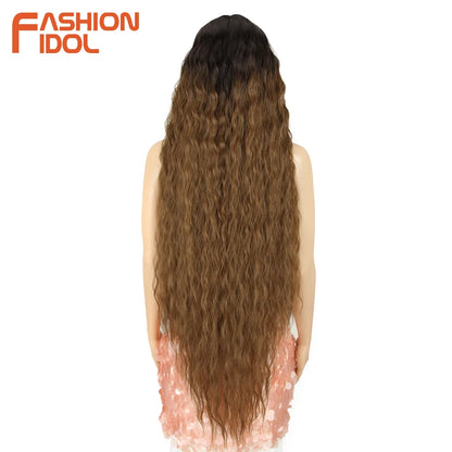 FASHION IDOL 42inch/105cm Super Long Lace Front Wigs Water Wavy Curly Hair Synthetic Wigs For Women Ombre Blonde Wigs Cosplay