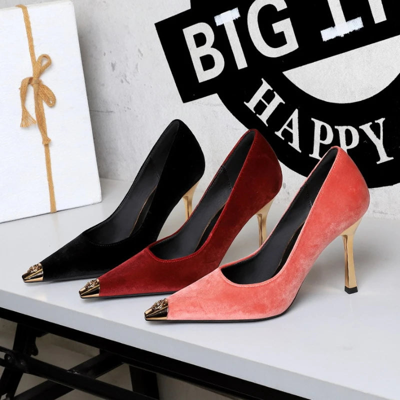 Women Peach Pink Velvet Metal Capped Pointed Toe Pumps Gold Trapezoid Thin High Heels Gentle Retro Luxury Date Banquet Ladies