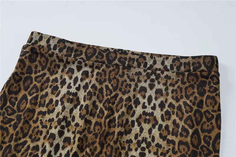 Shestyle Leopard Mesh Sexy Women Two Piece Sets Spaghetti Strap Bodysuit Flare Pants Sheer Brown Sexy Clubwear Waistless Outfit