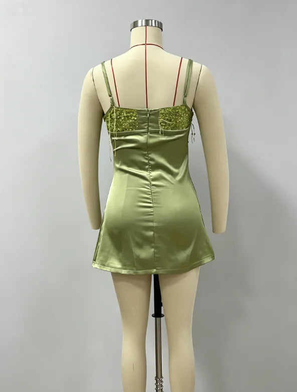 Sequin Tassel Beach Mini Dress  Women Satin Spaghetti Straps Square Neck Party Club Short Skirt 2026 NEW Summer Vacation Dresses