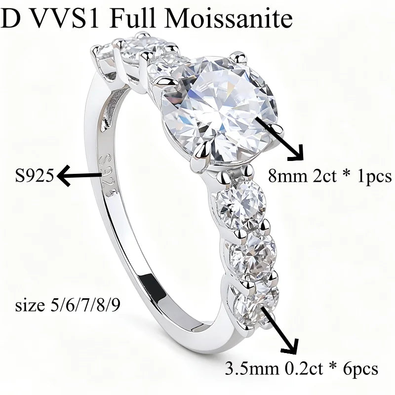 NKHOG 2CT Full Moissanite Ring Round Cut 5 Stones Side 925 Sterling Silver For Women Wedding Band Engagement Jewelry Gift Luxury