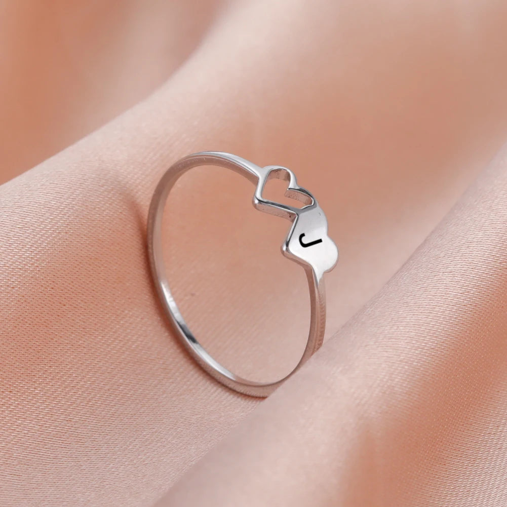 COOLTIME Initial Letter Ring for Women Stainless Steel A-Z Alphabet Double Heart Rings Simple Wedding Cheap Gift For Lover