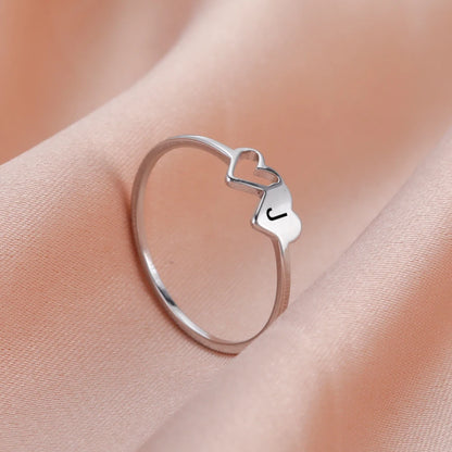 COOLTIME Initial Letter Ring for Women Stainless Steel A-Z Alphabet Double Heart Rings Simple Wedding Cheap Gift For Lover