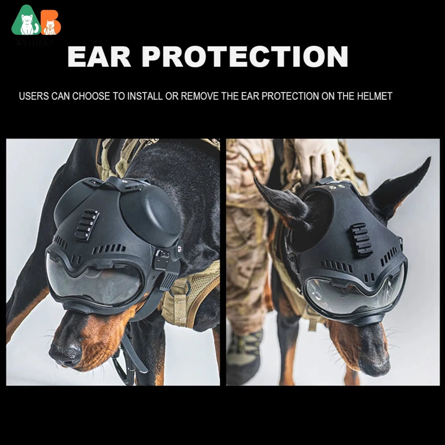 ATUBAN Tactical Dog Military Hunting Training K9 Helmet, Large Dog Patrol Dogs Sheepdog Pet Motorcycle Protective Helmet Goggles