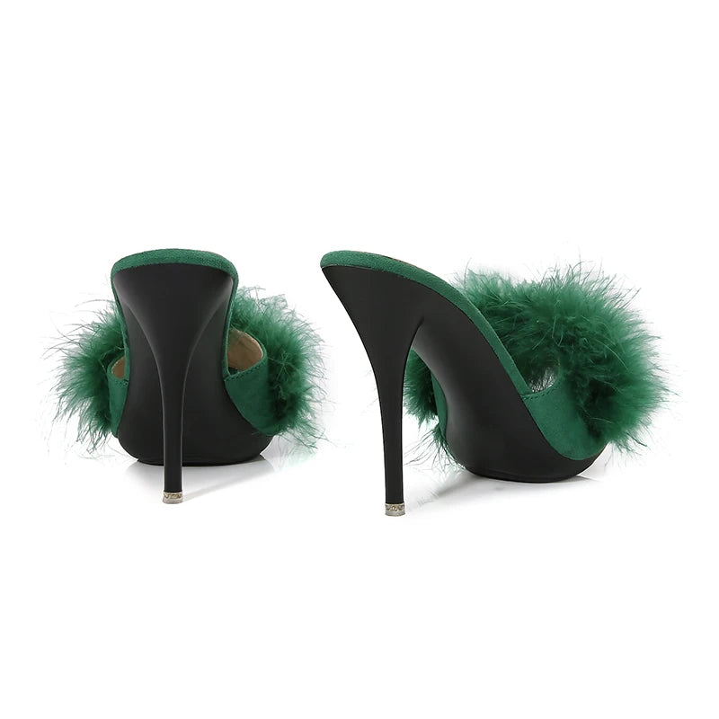 10CM Thin High Heel Summer Furry Slippers For Ladies Mules Fashion Fluffy Fur Slides Sandals 2025 New Brand Women's Party Shoes