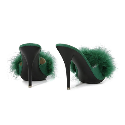 10CM Thin High Heel Summer Furry Slippers For Ladies Mules Fashion Fluffy Fur Slides Sandals 2025 New Brand Women's Party Shoes