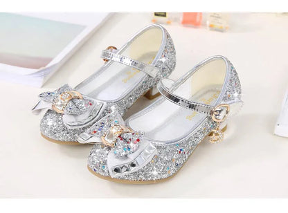 Princess Kids Leather Shoes for Girls Flower Casual Glitter Children High Heel Girls Shoes Butterfly Knot Blue Pink Silver