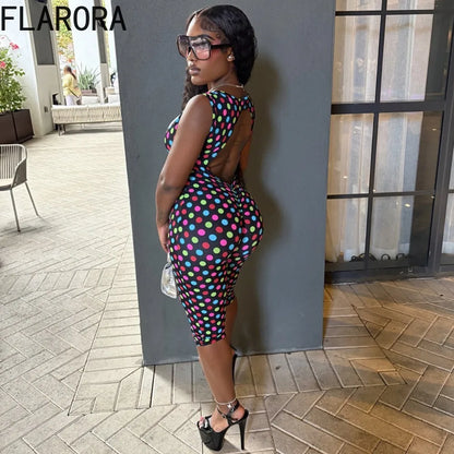 FLARORA Trendy Polka Dot Print Jumpsuit Woman Sexy Square Collar Sleeveless Backless Skinny Peach Hip Romper Hottie Streetwear
