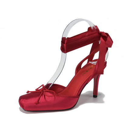 French Ballet Style Satin Closed Toe Mary Jane Pumps Lace Upper Multi-Layer Bow Cross Ankle Strap Thin Stiletto Elegant Wedding