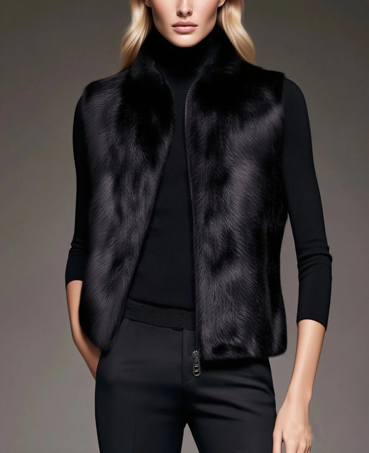 Faux Fur Sleeveless Vest Women Black Cropped Vests for Women Winter Women's Warm Vest Fashion Waistcoat Padded Vest With Zipper