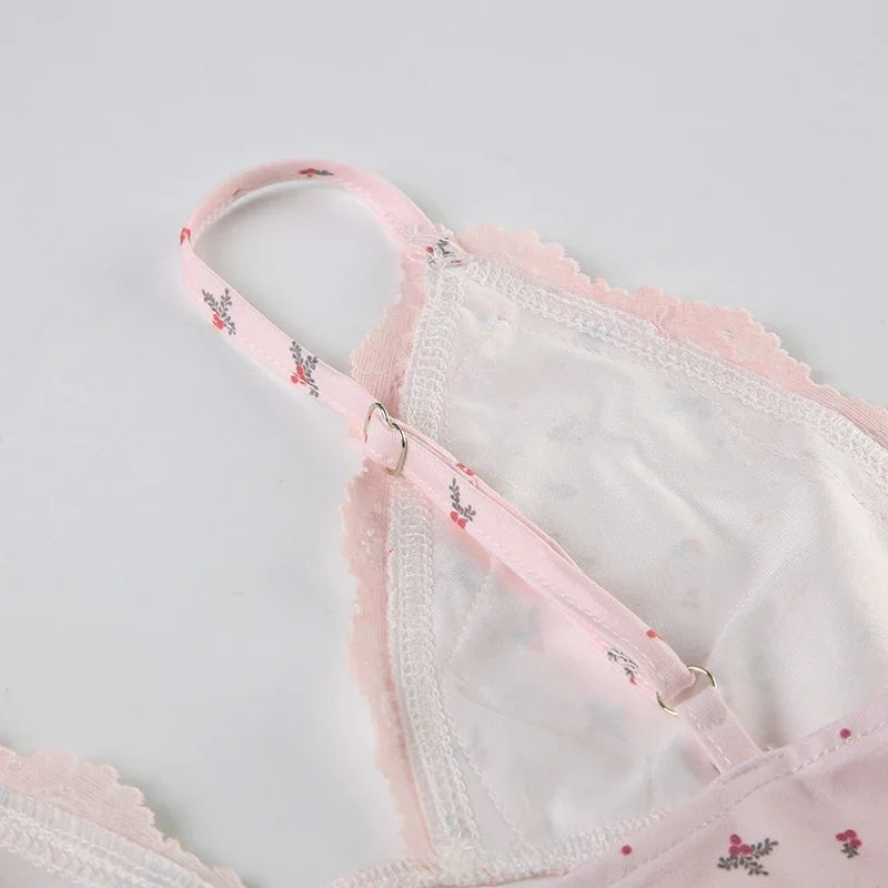 Summer Two-piece Pajamas Set for Women Sleepwear  Floral Lace Pink Sleeveless Camisoles and Slim Shorts Loungewear