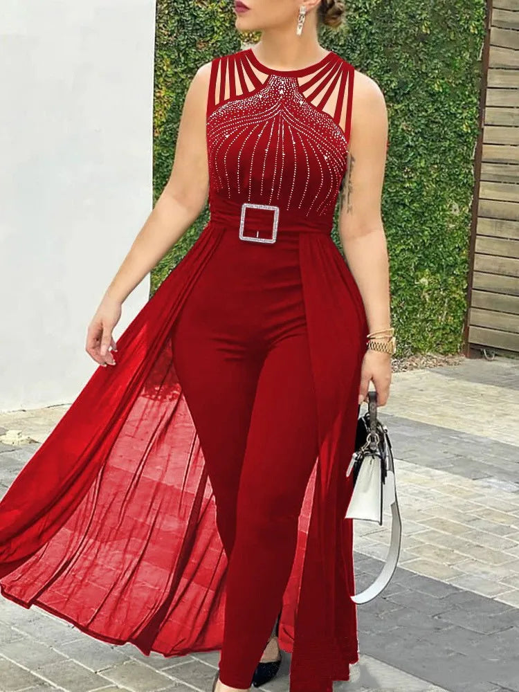 Summer Sleeveless Lace Up Women's Elegant Long Jumpsuit Fashion Hot Drill Waist Mesh Mop Slim Fit Female Party Jumpsuit 2025