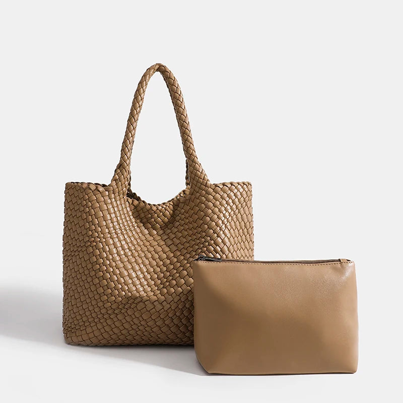 Large-Capacity Designer Knitting Fashion PU Leather Women's Shoulder Bag Handbags for Beach Travel Single-Shoulder Ladies Bag