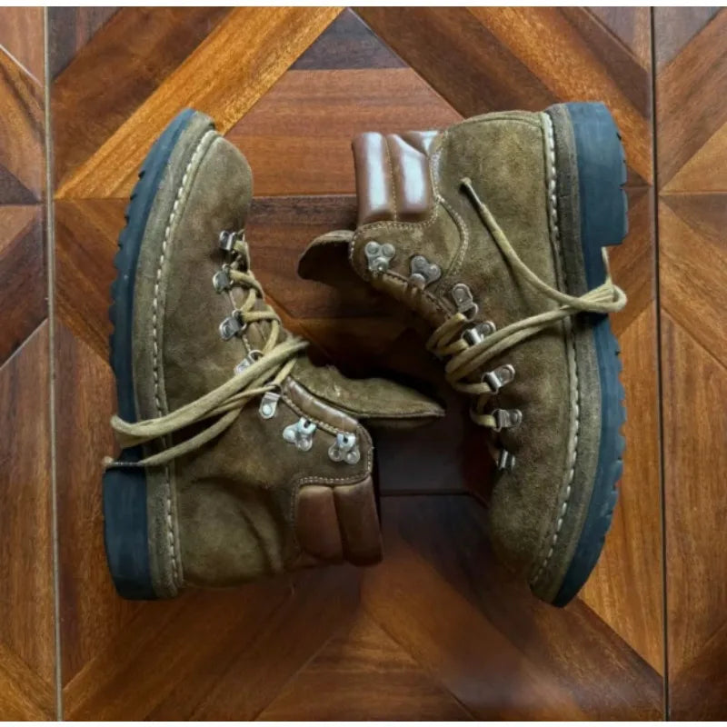 Men's Suede Leather Motorcycle Boots Rivet Mountaineering Shoes Lace-Up Metal Outdoor Mid-calf Western Hiking Boots