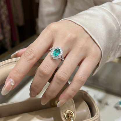 S925 Silver Ring 2ct Neon Blue Green Zircon Ring Double Layer Surrounding Luxury Women's Jewelry
