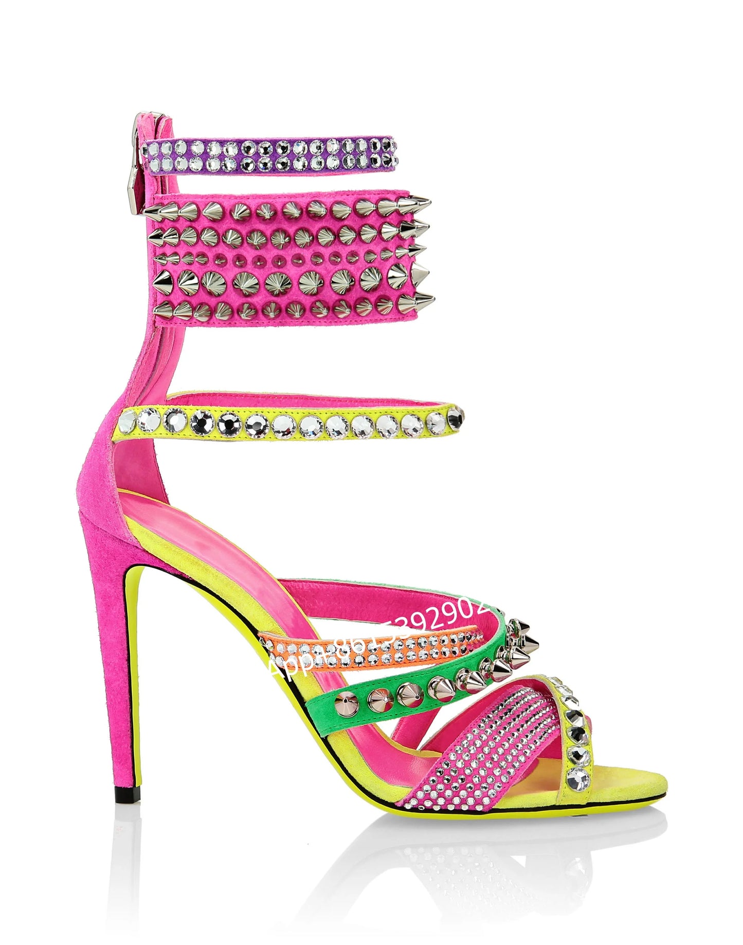 String Bead Heels Hollow Design Back Zip Stiletto Women Colorful Studs Red Green Yellow Mixed Sandals Open Cross Chain Sexy Shoe