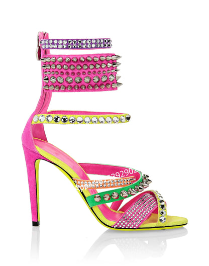 String Bead Heels Hollow Design Back Zip Stiletto Women Colorful Studs Red Green Yellow Mixed Sandals Open Cross Chain Sexy Shoe