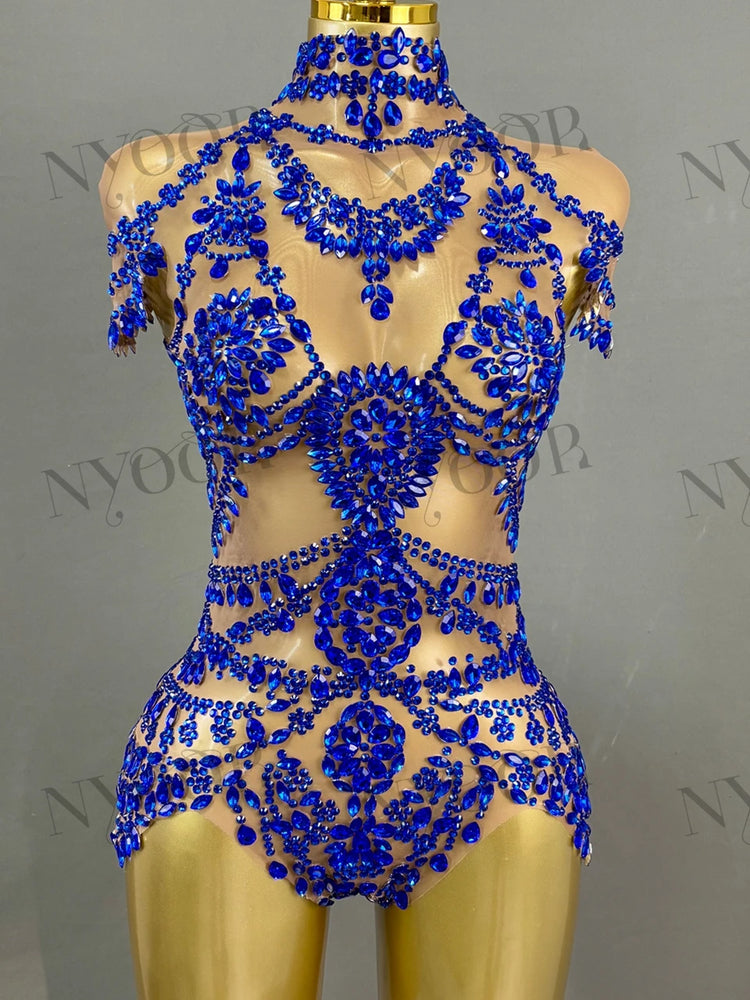 Sparkly Rhinestones Bodysuit for Women Sexy Mesh Transparent Performance Dance Costume Singer Dancer Show Stage Wear