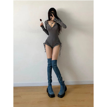 Women's Jumpsuits Y2k Shorts Playsuits 90s Vintage Slim Casual Sexy Bodysuits Long Sleeves Aesthetic Punk Korea Hooded With Hat