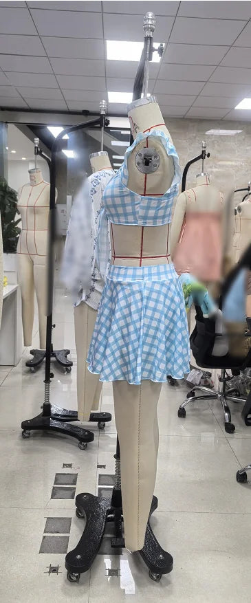Combhasaki Halloween Dorothy Cosplay Costume Gingham 2 Piece Outfits Sleeveless Bow Tied Bra Tank Tops and Plaid Mini Skirt Set