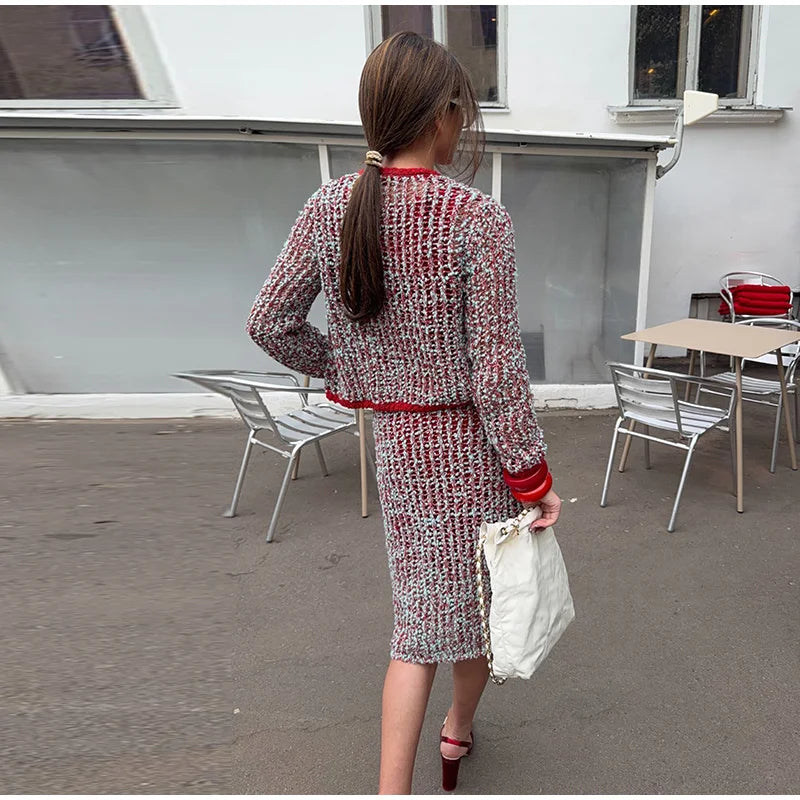 Fashion Knit Hollow Out Women's Skirt Suit O-neck Single Breasted Full Sleeve Cardigan Long Straight Skirts 2026 Autumn Lady Set