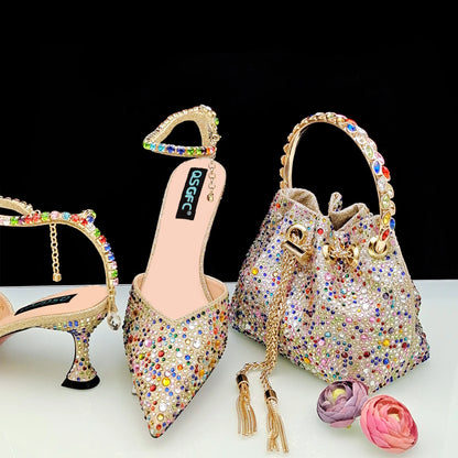 QSGFC New Gold Glitter Fabric Pointed Toe High Heels With A Variety Of Shapes Of Rhinestones Fashion Party Ladies Shoes And Bag