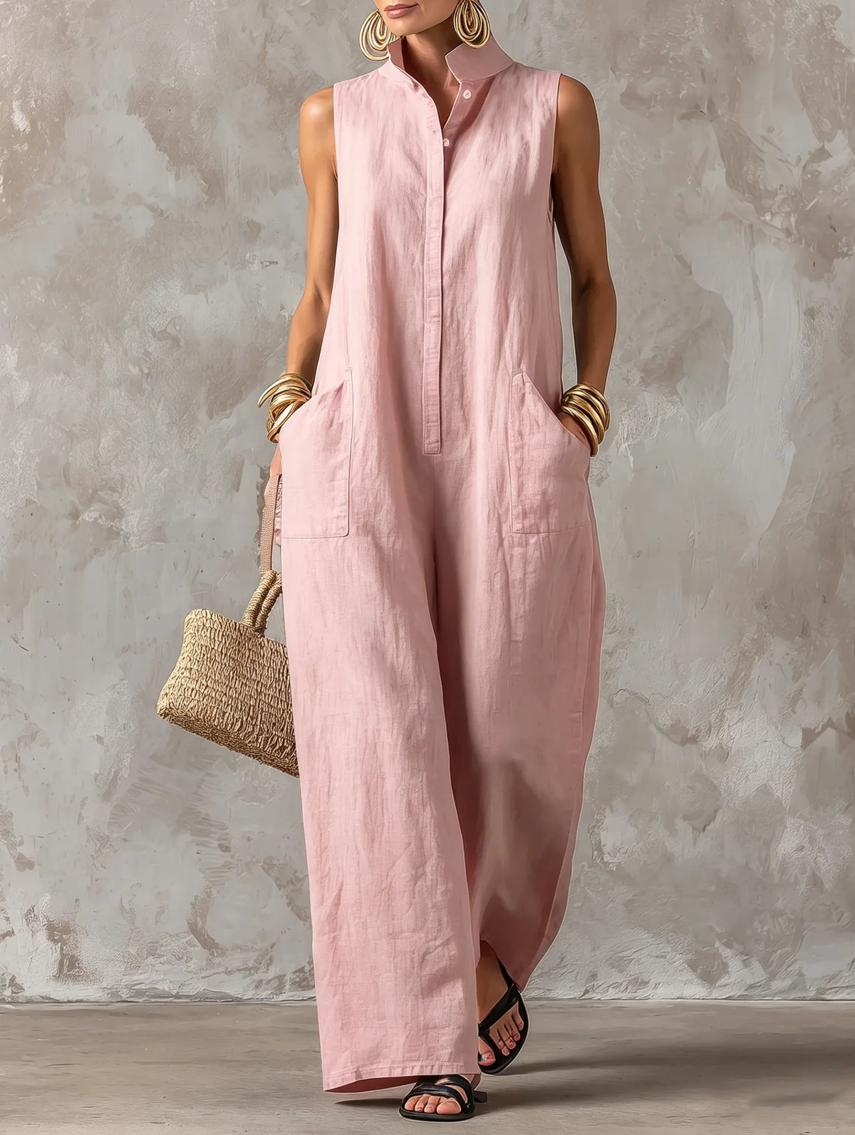 Women Linen Sleeveless Jumpsuit Stand Collar Button Down Wide Leg Long Romper Casual Loose Pockets Vacation Overalls