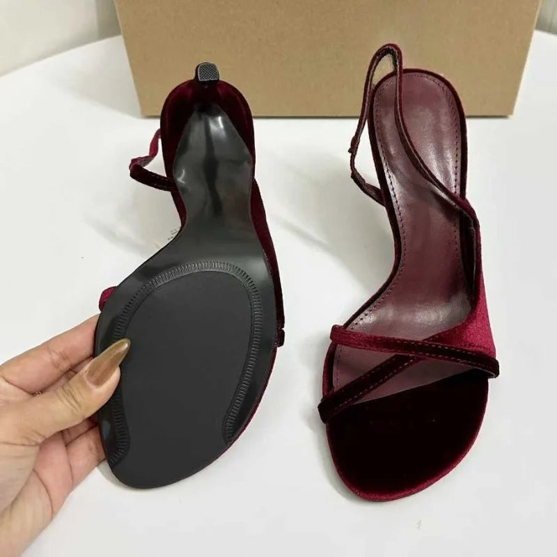 Elegant Velvet High Heels Sandals for Women Cross Strap Design Luxury Open Toe Banquet Wedding Slingback Brand Ladies Shoes