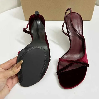 Elegant Velvet High Heels Sandals for Women Cross Strap Design Luxury Open Toe Banquet Wedding Slingback Brand Ladies Shoes