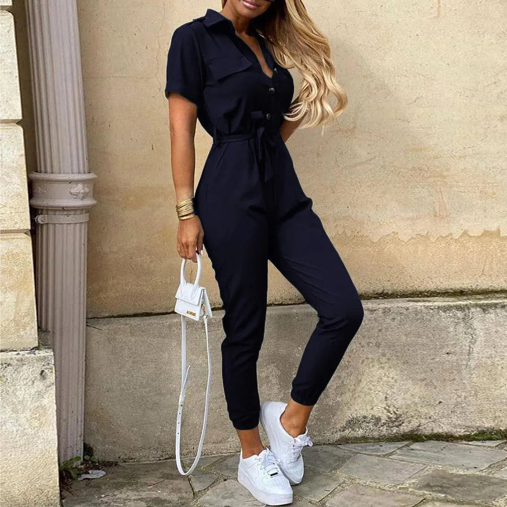 2025 New Women's Jumpsuit Casual Workwear Summer Romper with Print Button-up Lapel Waist Belt Slim Fit One Piece Pants Set Fashi