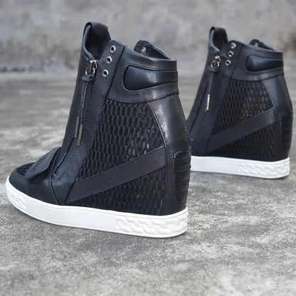 Mesh Net Height Increasing Ankle Boot 8CM Round Toe Hook Loop Leisure Shoes Zipper Rubber Sole Wedge Shoes Black White