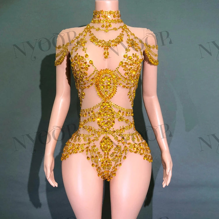 Sparkly Rhinestones Bodysuit for Women Sexy Mesh Transparent Performance Dance Costume Singer Dancer Show Stage Wear