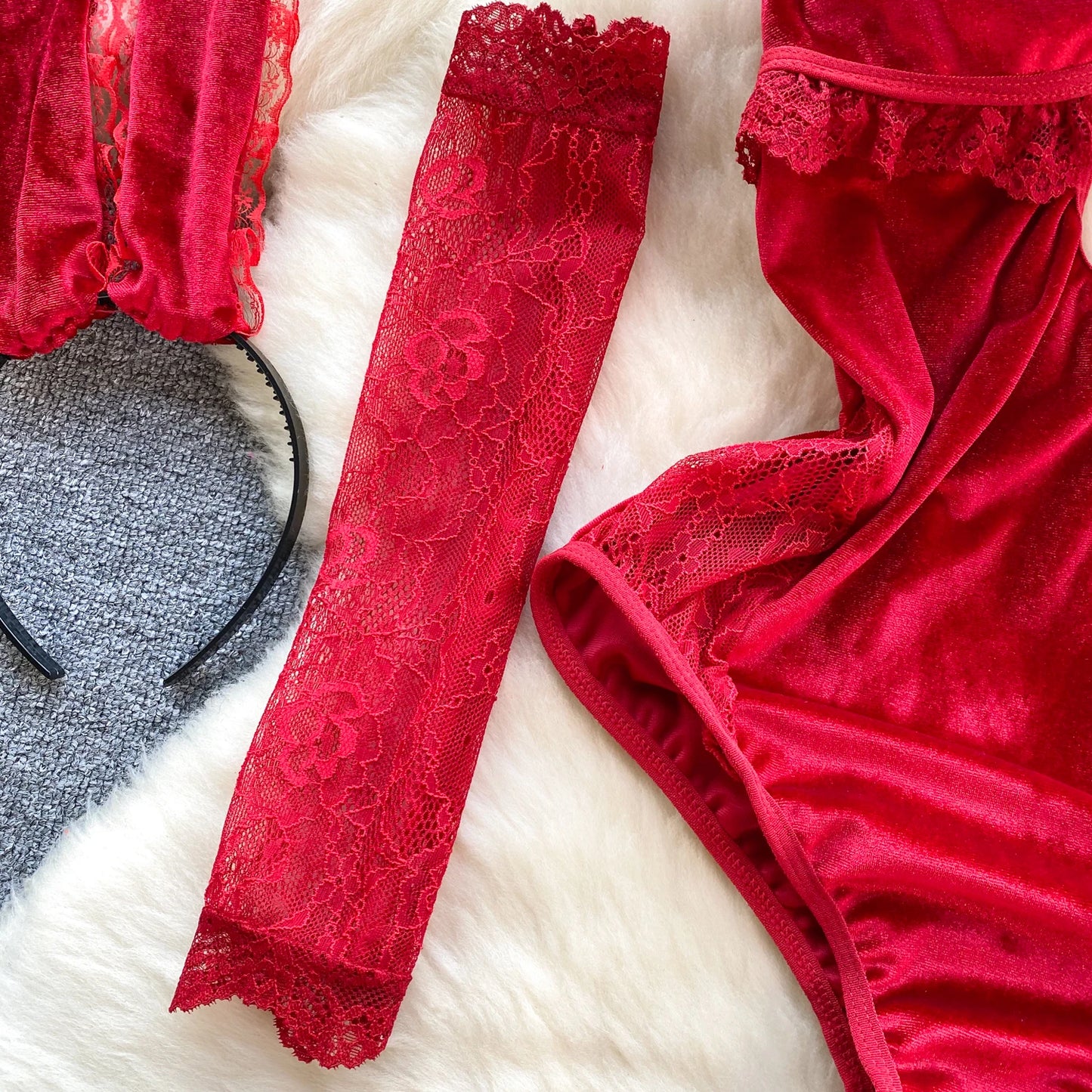 Women Lace Patchwork Velour Strappy Catsuits Fashion One Piece Combination Rompers Erotic Fashion Sexy Bunny Bodysuits Cosplay