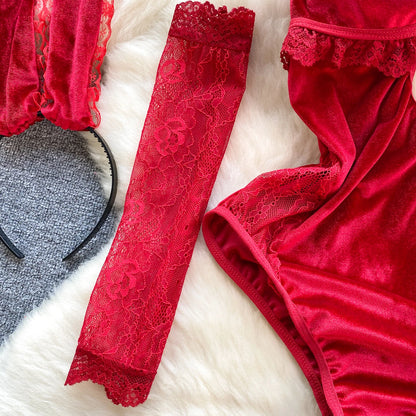 Women Lace Patchwork Velour Strappy Catsuits Fashion One Piece Combination Rompers Erotic Fashion Sexy Bunny Bodysuits Cosplay