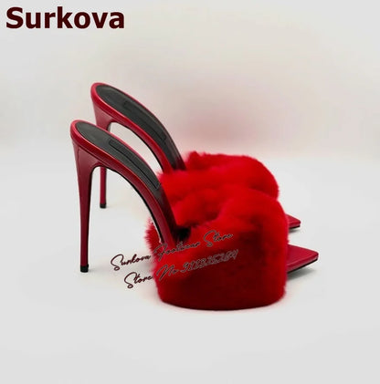 Surkova Sky Blue Black Luxury Fur Embellished Sandals Suede Thin High Heel Slippers Steel Tip Toe Slip-on Evening Shoes Size46