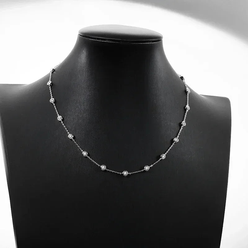 3mm D Color Full Moissanite Tennis Necklace with Certificate 925 Sterling Silver Bezel Set Bubble Round Cut Diamond Neck Chain