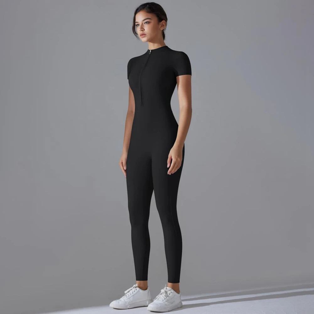 Womens Jumpsuits Short Sleeve Yoga Slim Fit Stretch One Piece Romper Sexy Fitness Female Basic Sportwears Black Zipper Ladies