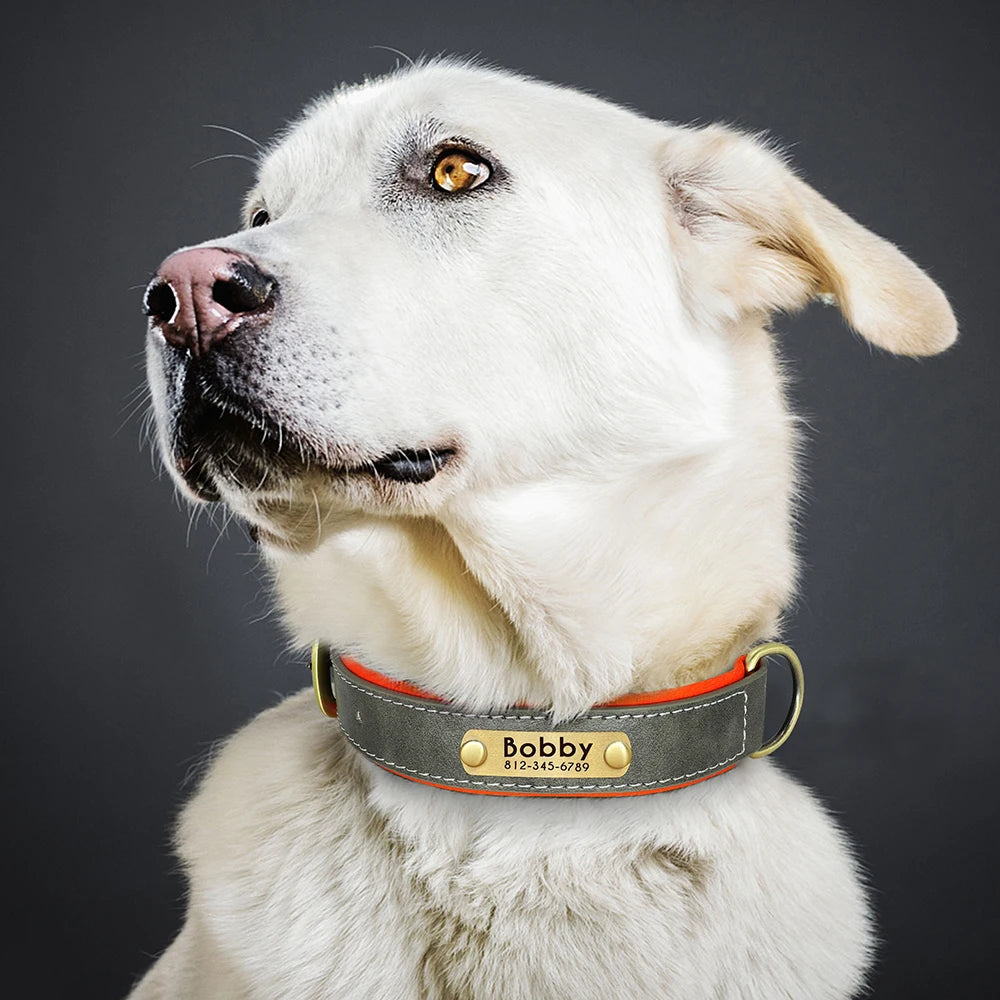 Personalized Dog Collar Leash PU Leather Dogs Collars Pet Rope Engraved Pet ID Name Necklace for Small Large Dogs Soft Padded