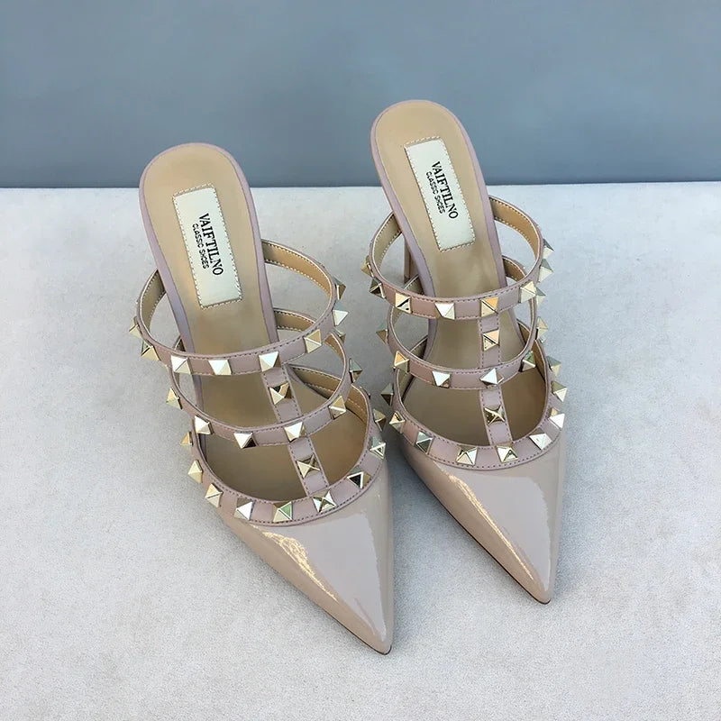 Women's sandals luxury Brand Shoes Woman 2025 trend Ankle Strap Summer Rivets High Heels Slippers Design Pointed Toe Sexy party