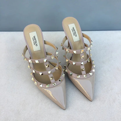 Women's sandals luxury Brand Shoes Woman 2025 trend Ankle Strap Summer Rivets High Heels Slippers Design Pointed Toe Sexy party