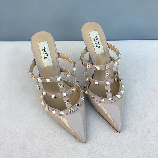 Women's sandals luxury Brand Shoes Woman 2025 trend Ankle Strap Summer Rivets High Heels Slippers Design Pointed Toe Sexy party