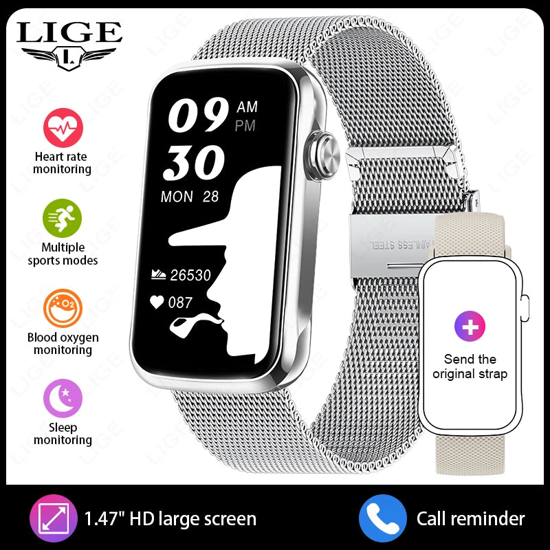 LIGE 1.47'' Smart Watch Women Men Smart Bracelet Heart Rate Step Count Sport Fitness Health Monitor Waterproof Smartwatch Ladies