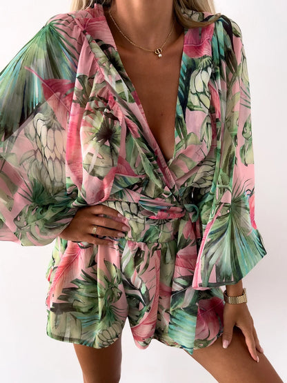 Spring Summer Boho Women Jumpsuit Fashion Deep V Neck Lantern Sleeve Casual Print Rompers Shorts Women's Elegant Jumpsuits New