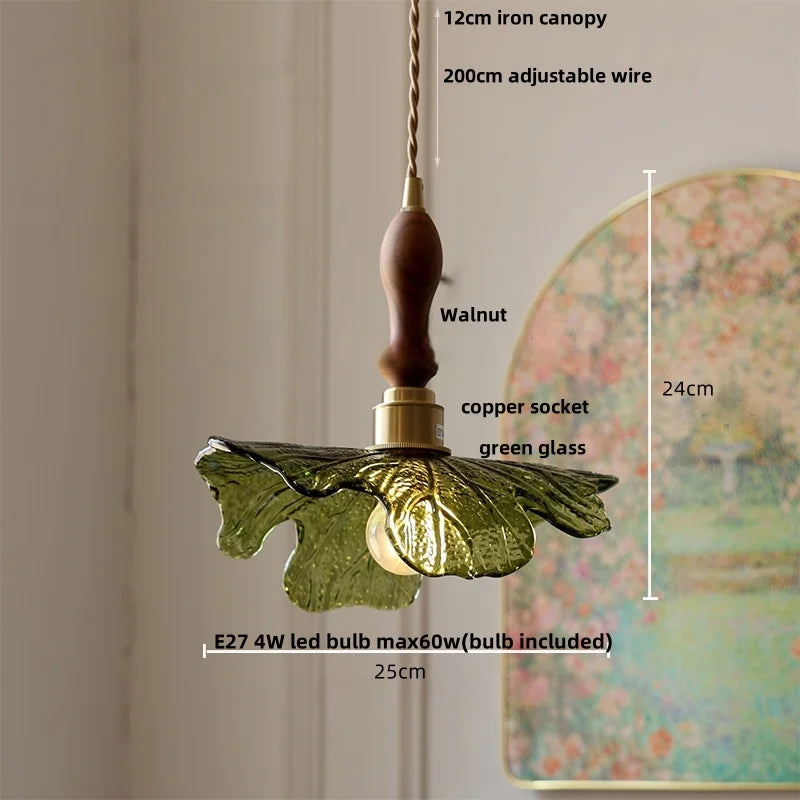 IWHD Home Decor LED Pendant Lights Kitchen Restaurant Copper Socket Flower Green Glass  Nordic Modern Walnut Wood Hanging Lamp