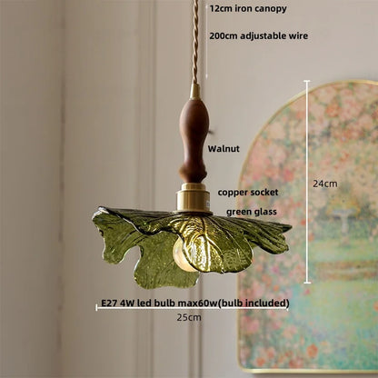 IWHD Home Decor LED Pendant Lights Kitchen Restaurant Copper Socket Flower Green Glass  Nordic Modern Walnut Wood Hanging Lamp