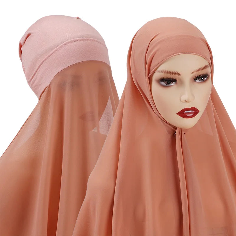 Muslim Women Bonnet + Chiffon Shawl Instant Under Scarf Cap Islam Inner Scarf Headband Stretch Hijab Cover Headwrap Turbante
